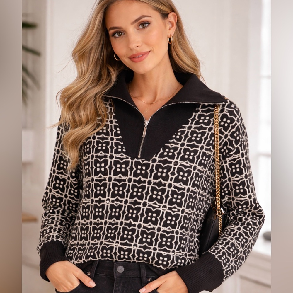 Marc New York Andrew Marc Black White Geometric Half Zip Sweater Medium